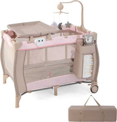 Miniatura 11 de HONEY JOY Pack and Play, corral portátil 3 en 1 para bebé con moisés, mesa de cambio, ruedas con bloqueo, caja de música, cuna de viaje plegable