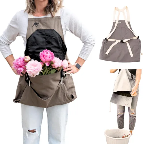 Miniatura 10 de Roo - Delantal de jardinería con bolsillos y cosecha, bolsa de recogida, ajustable, resistente al agua, lavable, lona de algodón