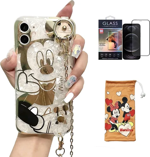 Miniatura 8 de Funda de dibujos animados para iPhone 7/8/SE de 4.7" con protector de pantalla HD, Mickey Mouse con correa de muñeca, soporte, cadena de metal
