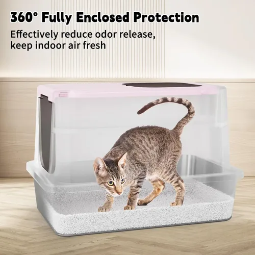 Miniatura 6 de RIZZARI Caja de arena cerrada extragrande para gatos, bandeja de arena de acero inoxidable rosa con diseño antifugas, superficie antiadherente fácil