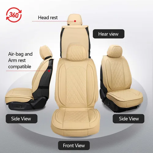 Miniatura 6 de MIROZO - Juego completo de fundas para asientos de cuero para automóvil, fundas de cuero para asientos de automóvil, protectores de asientos de Beige