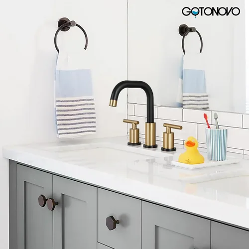 Miniatura 2 de gotonovo Grifo de lavabo de baño de 8 pulgadas, 3 agujeros, 2 asas, lavabo con drenaje desplegable con válvulas mezcladoras frías y calientes