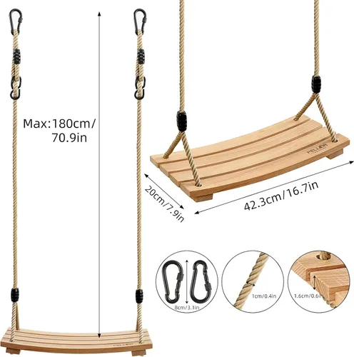 Miniatura 3 de PELLOR - Columpio de madera para niños, columpio de madera curvada para patio trasero, columpio de madera carbonizada colgante de carga de 220