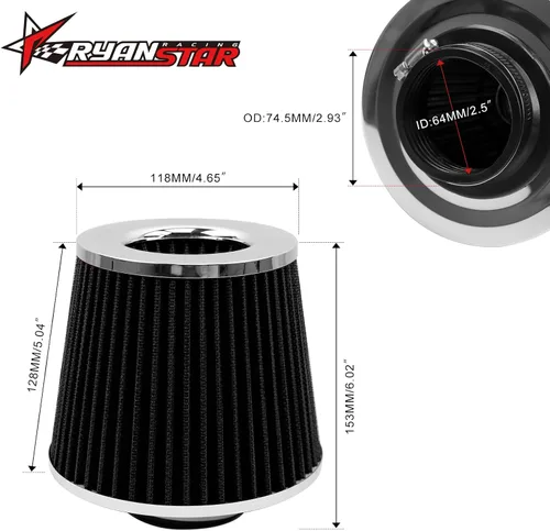Miniatura 2 de RYANSTAR 63mm 2.5" Filtro de Aire de Alto Flujo Redondo Cónico Enfriador de Aire Fresco con Diseño de Filtro Superior Corto de 153mm de Altura Negro