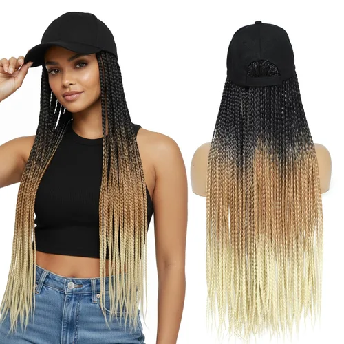 Miniatura 19 de Gorra con peluca para mujeres con gorra de béisbol y cabello trenzado adjunto, peluca de trenzas negras sintéticas, gorra ajustable con trenzas