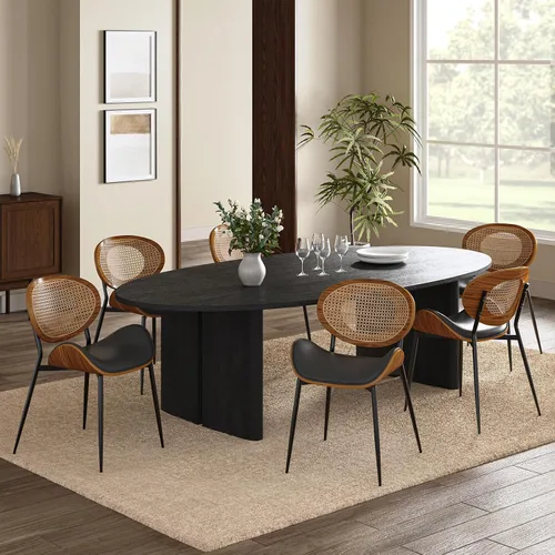 Miniatura 10 de HULALA HOME Juego de 4 sillas de comedor con respaldo de ratán, modernas sillas laterales de cuero con patas de metal, cómodas para sala de beige