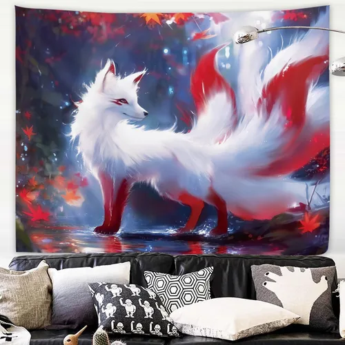 Miniatura 17 de Yookeb Tapiz Japonés de Montaña en Negro y Rojo 51 x 51 Pulgadas para Colgar en la Pared, Decoración de Anime de Asia, Paisaje de Bosque