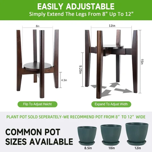 Miniatura 3 de Soporte ajustable para plantas con bandeja, soporte de madera para plantas de interior para macetas de 8 a 12 pulgadas, moderno soporte para macetas