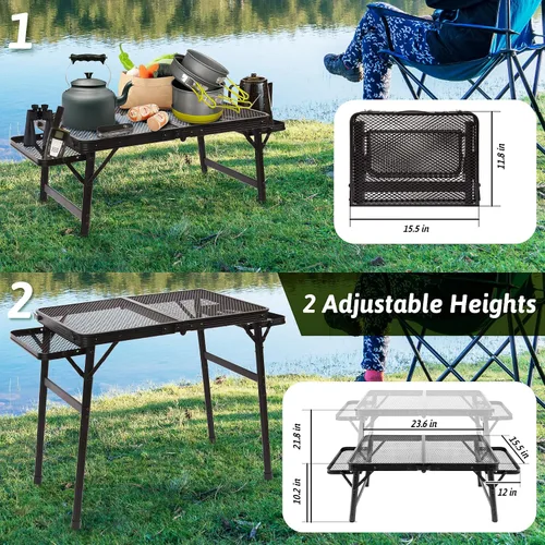 Miniatura 5 de Mesa de picnic de 2.5 pies con 2 paneles de alas, mesa plegable de malla de metal para parrilla plegable de altura ajustable, ligera y portátil