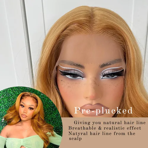 Miniatura 3 de #27 Peluca de encaje frontal rubia miel sin pegamento, onda corporal, pelucas de encaje frontal sintéticas prediseñadas, con línea de cabello #27