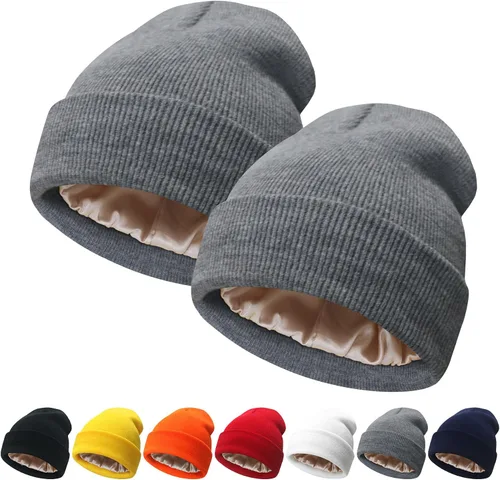 Miniatura 17 de NPQQUAN 2 PCS Satin Lined Beanie for Women Silk Lined Beanies Winter Warm Soft Lining Cuffed Knit Beanie Hats for Women