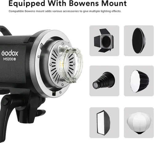 Miniatura 8 de Godox MS200V MS200-V - Luz estroboscópica de estudio, 200W 110V 2.4G Flash de fotografía compacta, lámpara de modelado LED de 10W, monolight