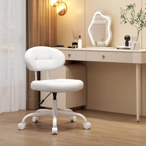 Miniatura 4 de Misolant Silla de tocador con respaldo, pequeña silla de oficina sin brazos con ruedas y soporte lumbar, cómodas sillas de escritorio de piel Blanco