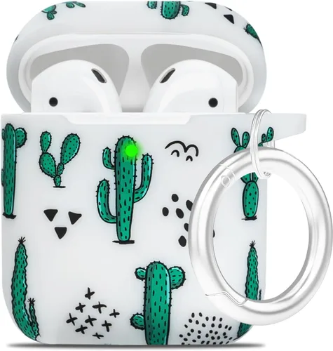 LitoDream - Funda de silicona suave y flexible con llavero para Apple AirPods 2 y 1, para niñas (vaca; blanco con cactus)