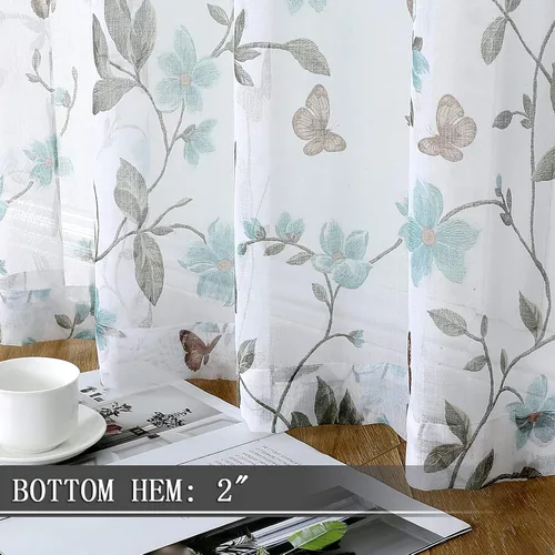 Miniatura 4 de Tollpiz - Cortinas cortas de gasa con estampado floral, con diseño de mariposas y flores azules, cortina de media ventana con bolsillo para barra