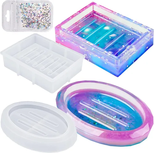 NiArt Paquete de 2 jaboneras ovaladas y rectangulares facetadas, molde de silicona de resina epoxi+kit de lentejuelas de estrella, bandeja para