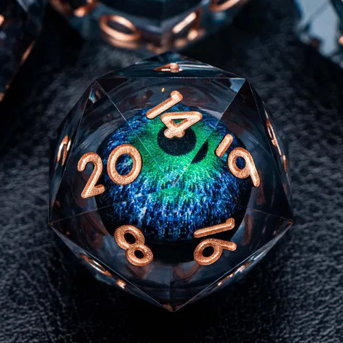 Miniatura 3 de Dragon Eye - Dados DND de núcleo líquido con caja, juego de dados poliédricos de borde afilado verde y azul de resina hechos a mano transparentes D