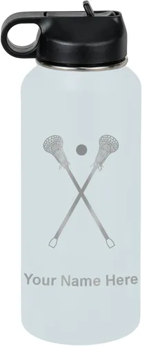 Miniatura 13 de LaserGram Botella de agua personalizada, palitos de lacrosse, acero inoxidable de doble pared aislada al vacío con popote superior, regalo grabado