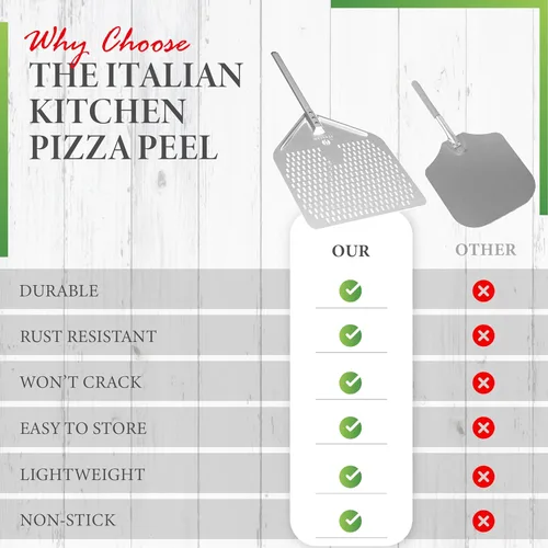 Miniatura 6 de The Italian Kitchen - Pala perforada para pizza, pala profesional de metal de 13 x 16.7 pulgadas, 27.3 pulgadas en total, funciona con todos