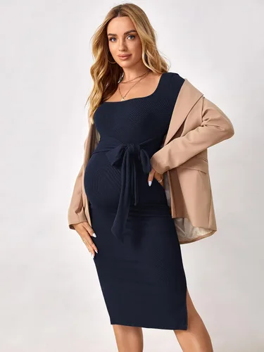 Miniatura 4 de OYOANGLE Vestido midi ajustado de manga larga con nudo frontal y cuello cuadrado para mujer
