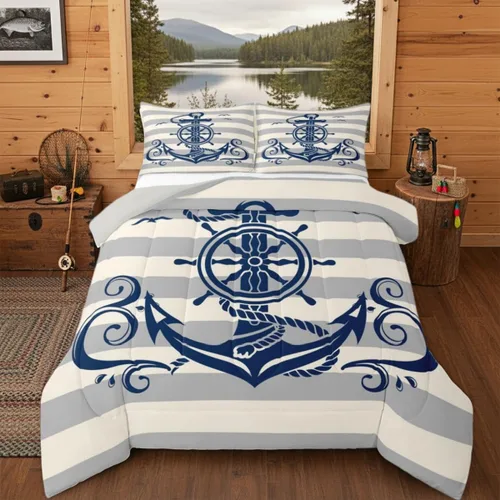 Miniatura 20 de Erosebridal Juego de edredón de ancla náutica, juego de ropa de cama con brújula oceánica, tamaño individual para niños, adolescentes y adultos