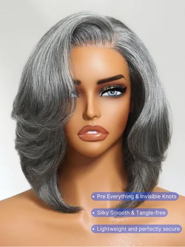 Miniatura 3 de Nadula - Peluca corta de 20 cm con cabello humano gris sal y pimienta, sin pegamento, con separación lateral, capas enmarcadas para el rostro