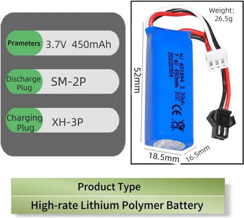 Miniatura 2 de Paquete de 2 baterías de iones de litio de 7.4 V 450 mAh 20C RC para WLtoys K969 K979 K989 K999 P929 P939 RC Car RC Boat con junta SM-2P y cable