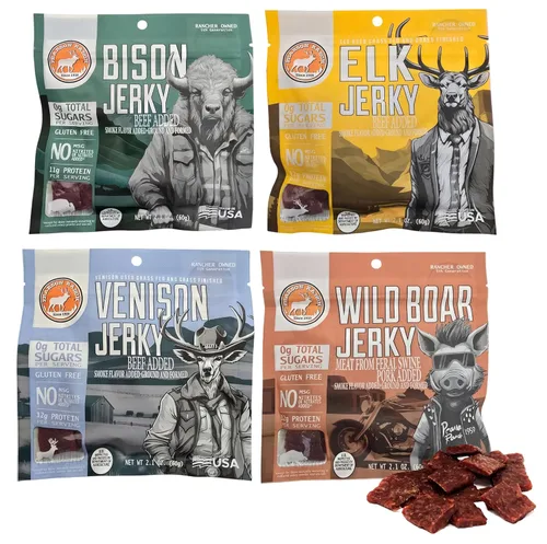 Pearson Ranch Wild Grass Fed Game - Paquete variado de 4 bolsas de 2.1 onzas, venado, alce, búfalo y jabalí, sin gluten, sin MSG, apto para paleo y