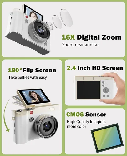 Miniatura 6 de Cámara digital para niños, 64 MP, 1080P, 2.4 pulgadas, pantalla abatible, 32 GB, tarjeta SD para niños, niñas, juguetes, regalos para niñas de 3 a