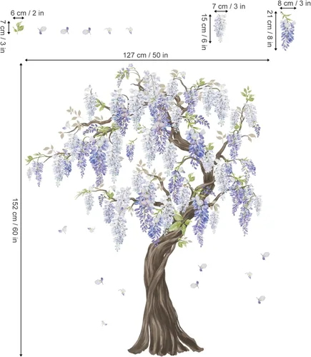 Miniatura 5 de wondever Pegatinas de pared de árbol de flores moradas, diseño de glicina para colgar en árbol grande, calcomanías de arte de pared para dormitorio