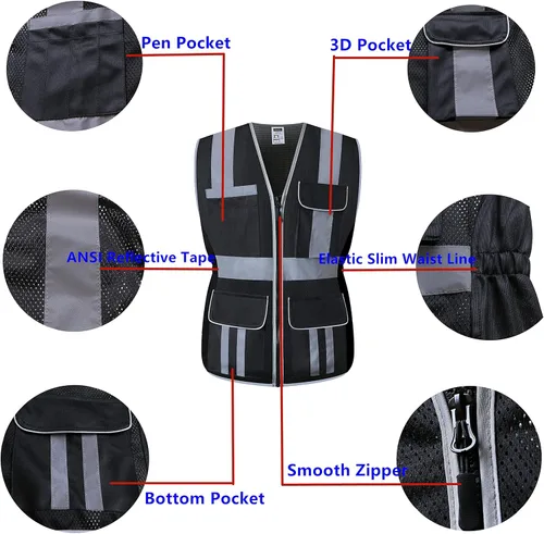 Miniatura 4 de Chaleco de seguridad para mujer, múltiples bolsillos, de alta visibilidad, reflectante, malla transpirable, chaleco de trabajo para dama, cremallera