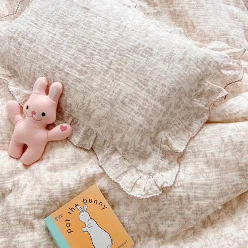 Miniatura 6 de BuLuTu Funda de almohada para niños pequeños de muselina de algodón 100% con bordes con volantes, patrón de conejo lindo, funda de almohada