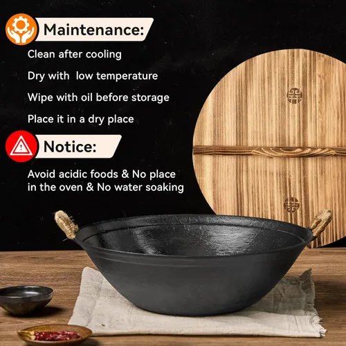 Miniatura 8 de WANGYUANJI Wok de hierro fundido hecho a mano de 14.2 pulgadas, sartenes grandes para freír con doble mango, sartén adecuada para inducción