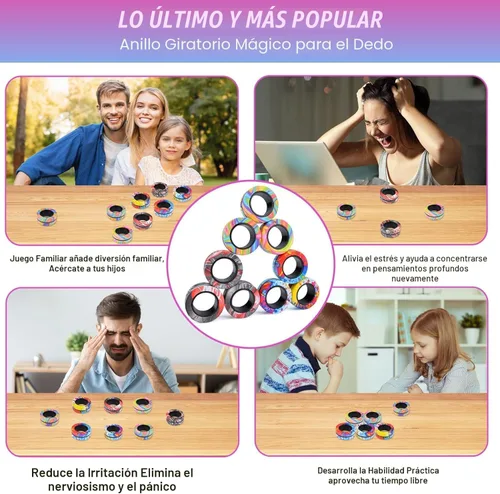 Miniatura 6 de Cevioce Juego de 9 anillos magnéticos giratorios, juguetes terapéuticos para alivio de la ansiedad, anillos para adultos con TDAH, regalos