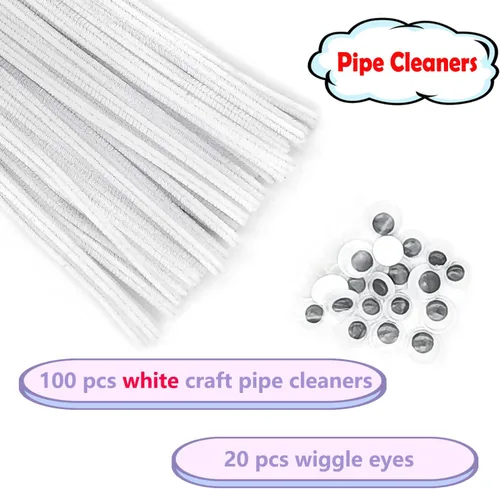 Miniatura 2 de Cldamecy 100 limpiadores de tuberías blancos con 20 ojos salteados, tallos de felpilla para proyectos de manualidades, limpiadores de tuberías