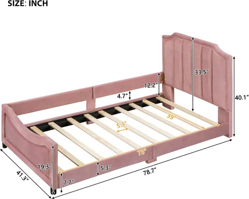 Miniatura 2 de Linique Base de cama tapizada de terciopelo de tamaño individual con ribete de clavos y cabecera en forma de rayas, cama clásica sin necesidad