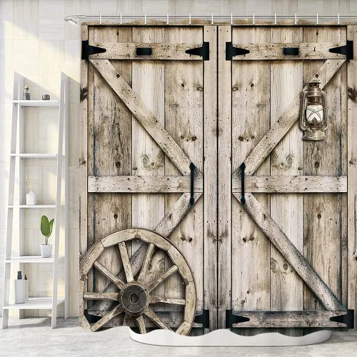 Cortina de ducha rústica para puerta de granero, estilo vintage, estilo americano, decoración de bosque, cortinas de baño de tela, puerta de garaje