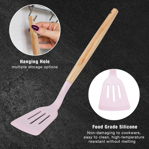 Miniatura 4 de Juego de utensilios de cocina de 19 piezas, 11 piezas de utensilios de cocina de silicona, juego de 6 cuchillos afilados de acero inoxidable rosa