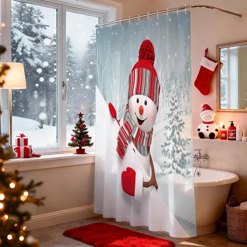 BROSHAN Cortina de ducha de Navidad para niños, 72 x 78 pulgadas, juego de cortina de ducha de Navidad de tela con bonito patrón de muñeco de nieve
