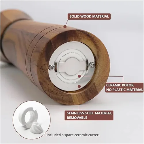 Miniatura 5 de Steel Ring Pepper Grinder,Manual Acacia Wood Mill,Multi Use Seasoning Bottle,Ceramic Core,BBQ Tool Shaker Sets (10in Set With Base)