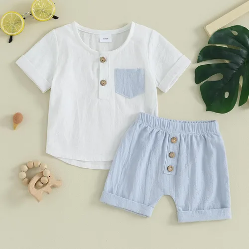 Miniatura 86 de Conjunto de ropa casual de manga corta con botones y pantalones cortos de lino para bebés y niños pequeños