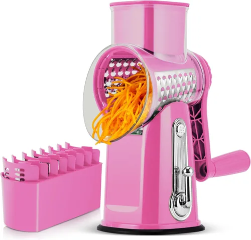 Miniatura 14 de SUSTEAS Rallador rotativo de queso con asa, triturador de verduras con 5 cuchillas bien diseñadas y base de succión fuerte, cortador redondo de Verde