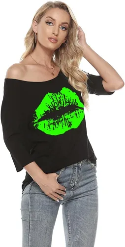 Miniatura 3 de MAGICMK Camiseta casual de talla grande con estampado de labios y hombros descubiertos para mujer
