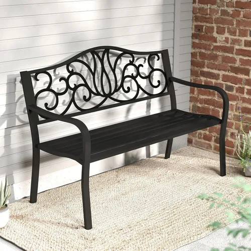 Miniatura 2 de Tangkula Banco de jardín de 50 pulgadas para exteriores, sofá biplaza de metal de hierro fundido con respaldo de diseño floral y asiento