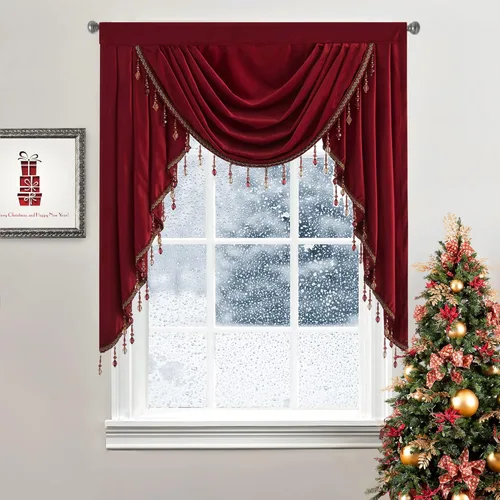Miniatura 15 de StangH Cenefa de cortinas de terciopelo rojo con cuentas de lujo para dormitorio, cenefas gruesas de cascada con bolsillo para cortinero