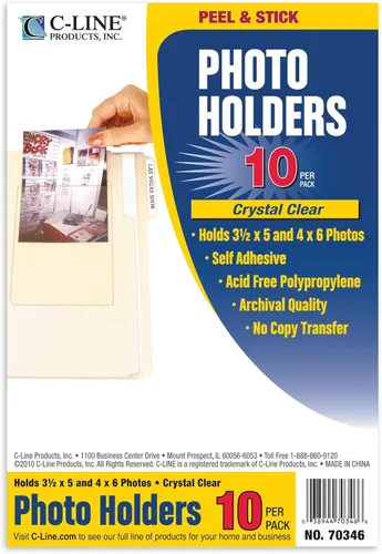 C-Line Soportes para fotos autoadhesivos, capacidad para fotos de 3.5 x 5 y 4 x 6 pulgadas, transparente, 10 por paquete (70346)