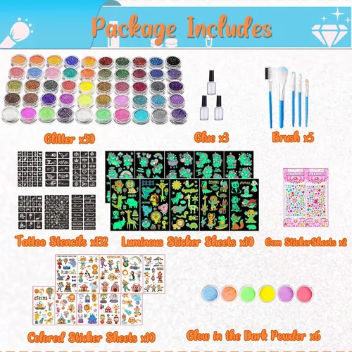 Miniatura 8 de TEUVO Kit de tatuaje con purpurina para niños con polvo de purpurina de 50 colores, 132 plantillas, 10 calcomanías luminosas, 6 polvos que brillan