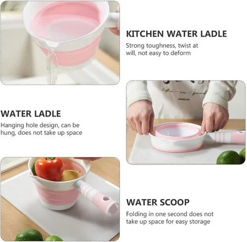Miniatura 4 de Hemoton Cucharón de agua plegable Cucharón de cocina Cucharón de agua Cucharón de agua para cocina, baño, jardín, baño, lavado de agua, color rosa