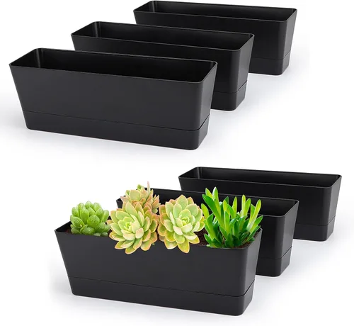 Miniatura 10 de GREANER Maceteros de hierbas de 12 x 3.8 pulgadas, 1 paquete de cajas rectangulares con bandeja, maceta de plástico para suculentas