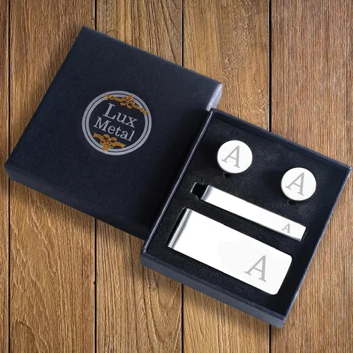Miniatura 2 de BodyJ4You 4PC Cufflinks, Tie Bar, Money Clip - Initial A-Z Engraving Alphabet Letter - Mirror Polished Steel Men Jewelry - Cuff Links Shirt Tie Suit